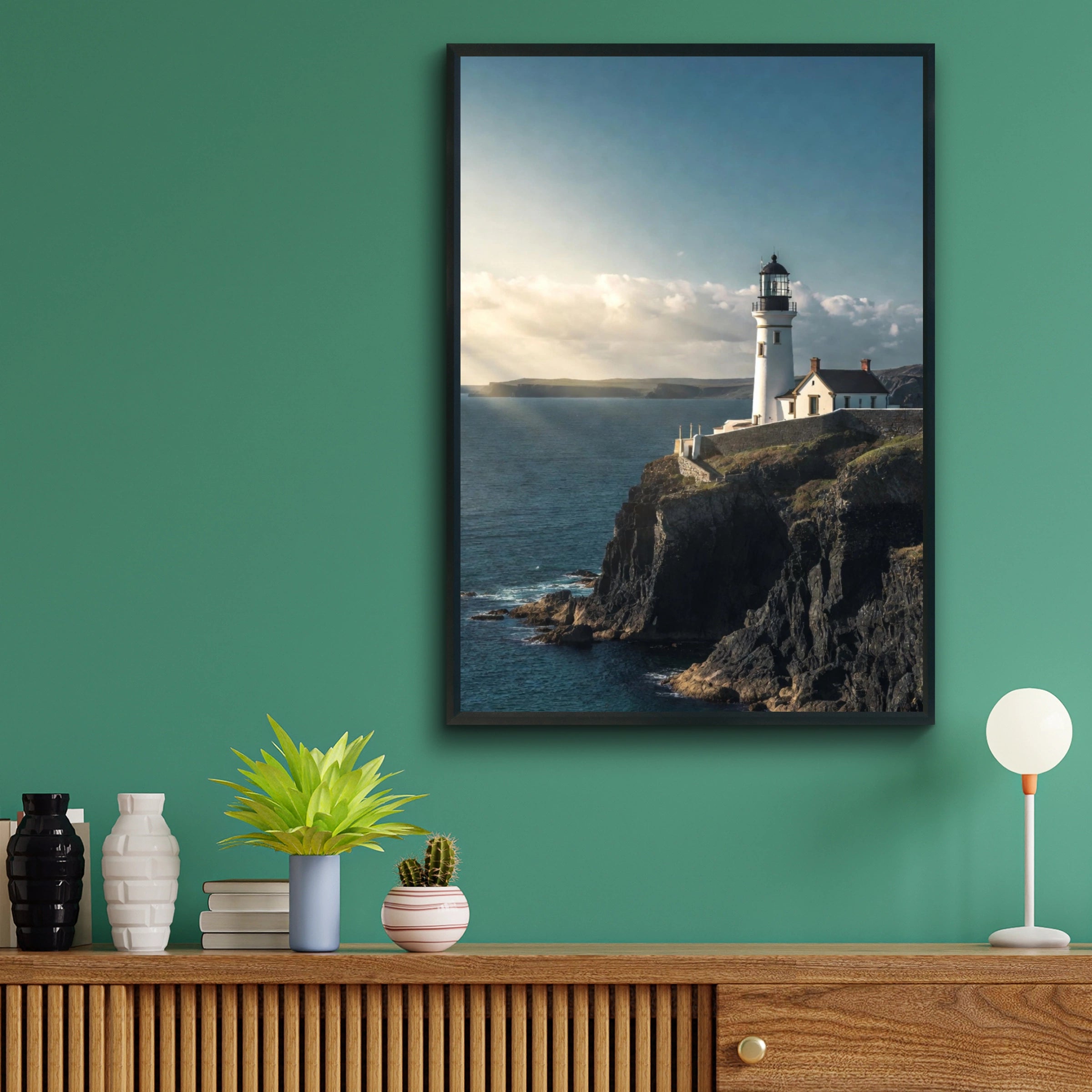 Lighthouse Cliff Ocean Poster, Coastal Wall Art, Nautical Sea Print, Blue Scenic Photo