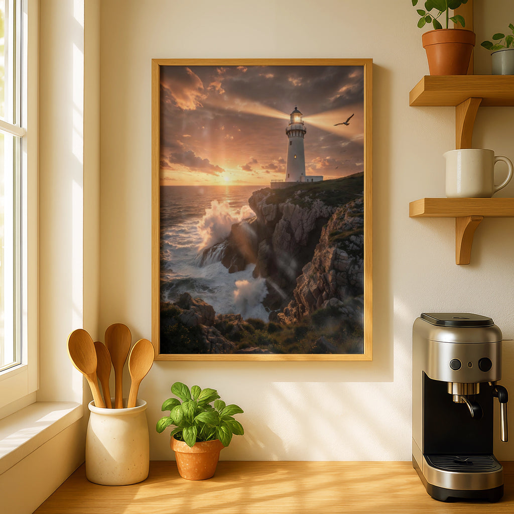 Lighthouse Sunset Poster, Coastal Wall Art, Rocky Cliff Ocean Print, Dramatic Seascape Decor