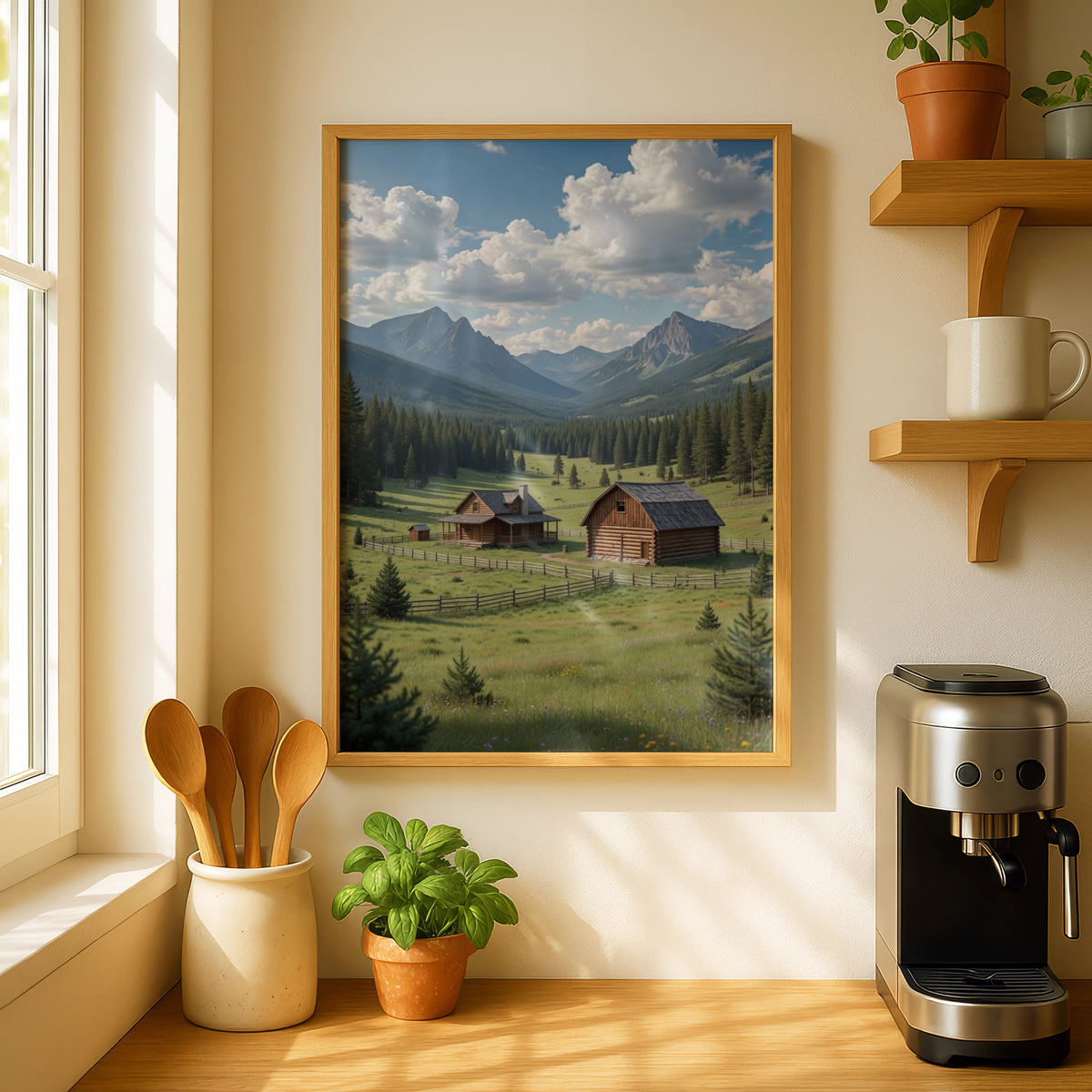Mountain Cabin Poster, Rustic Log Cabin Wall Art, Alpine Valley Nature Print, Wilderness Decor