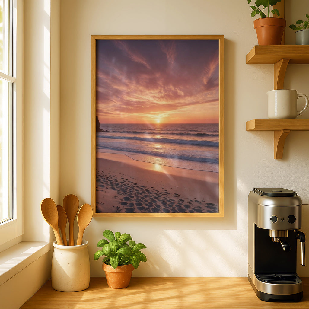 Beach Sunset Poster, Ocean Waves Wall Art, Pink Sky Coastal Print, Sandy Shore Decor