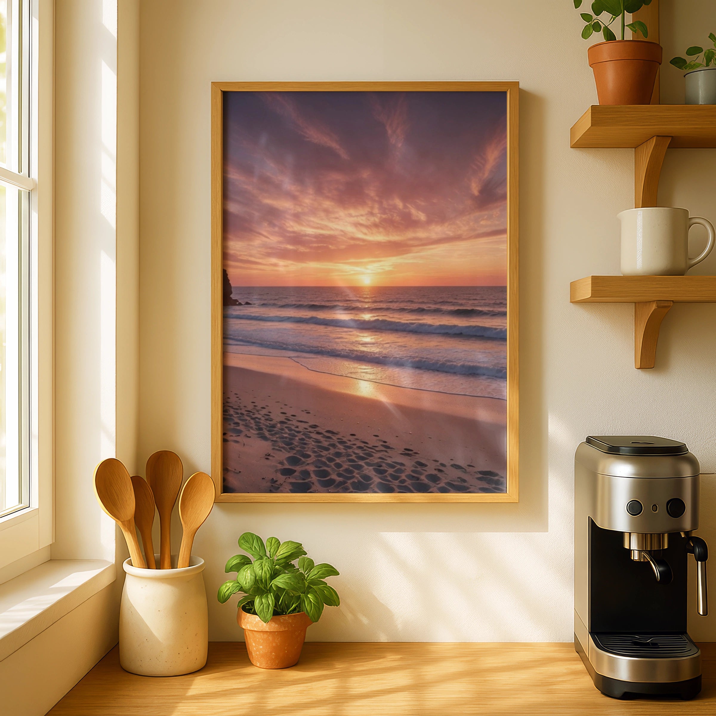 Beach Sunset Poster, Ocean Waves Wall Art, Pink Sky Coastal Print, Sandy Shore Decor