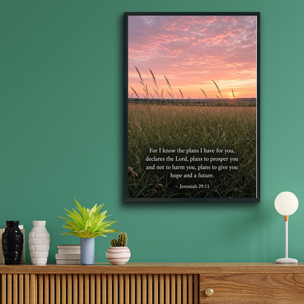 Jeremiah 29:11 Bible Verse Poster, Scripture Wall Art, Christian Gift, Sunset Field Print