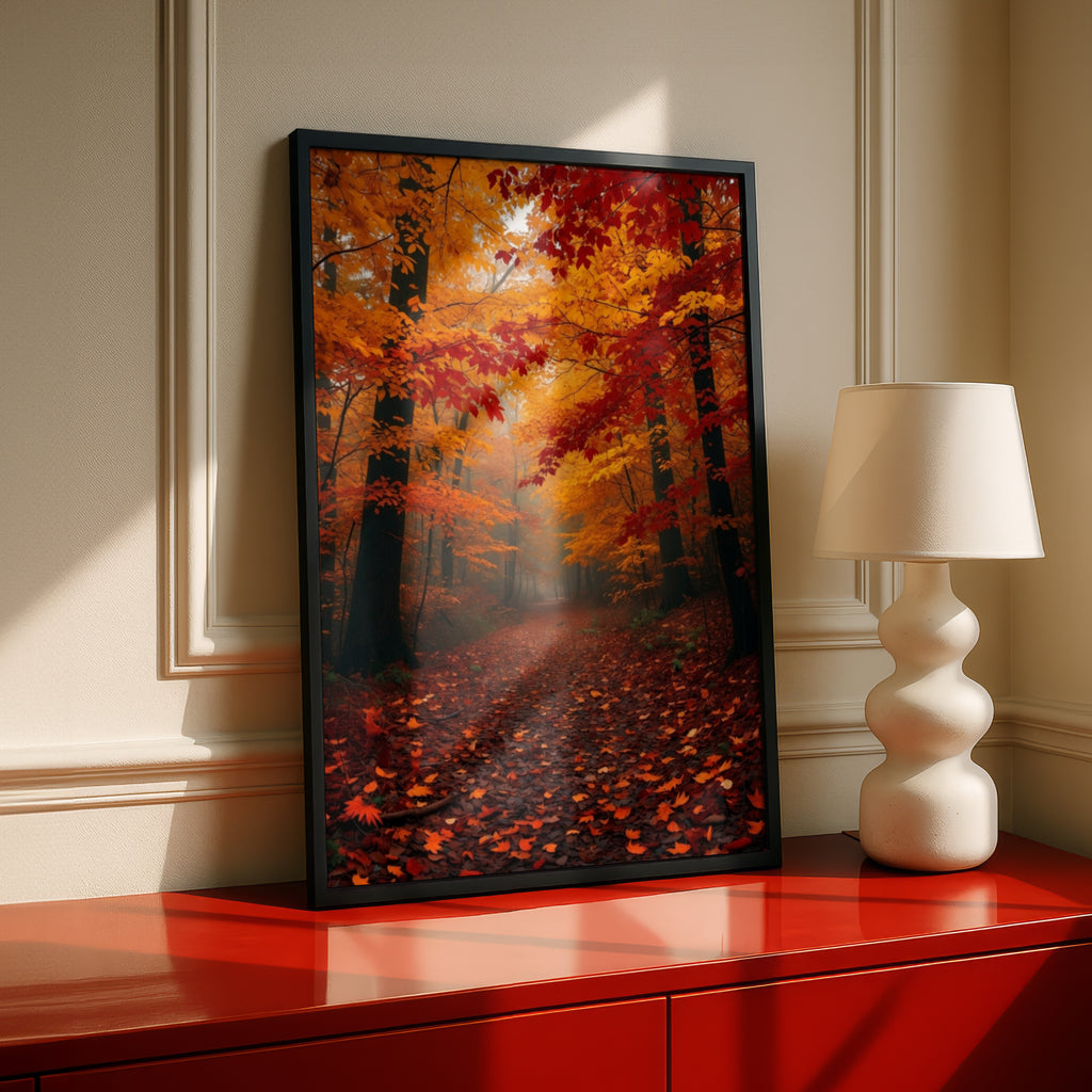 Fall Forest Path Poster, Autumn Foliage Wall Art, Orange Red Leaves Nature Print