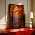 Fall Forest Path Poster, Autumn Foliage Wall Art, Orange Red Leaves Nature Print