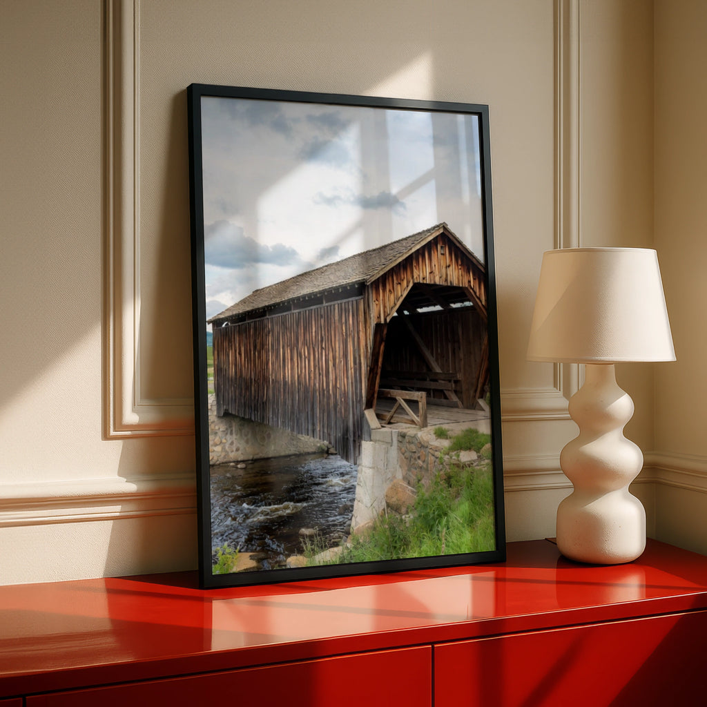 Covered Bridge Poster, Rustic Wooden Bridge Wall Art, Country Landscape Print, Rural Farmhouse Decor