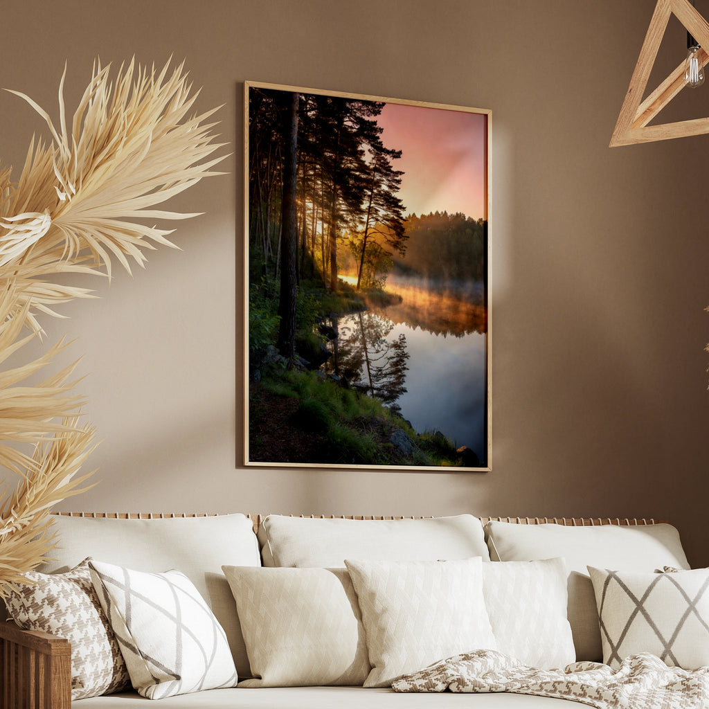 Lake Sunrise Forest Poster, Misty Pine Trees Wall Art, Nature Photography Print