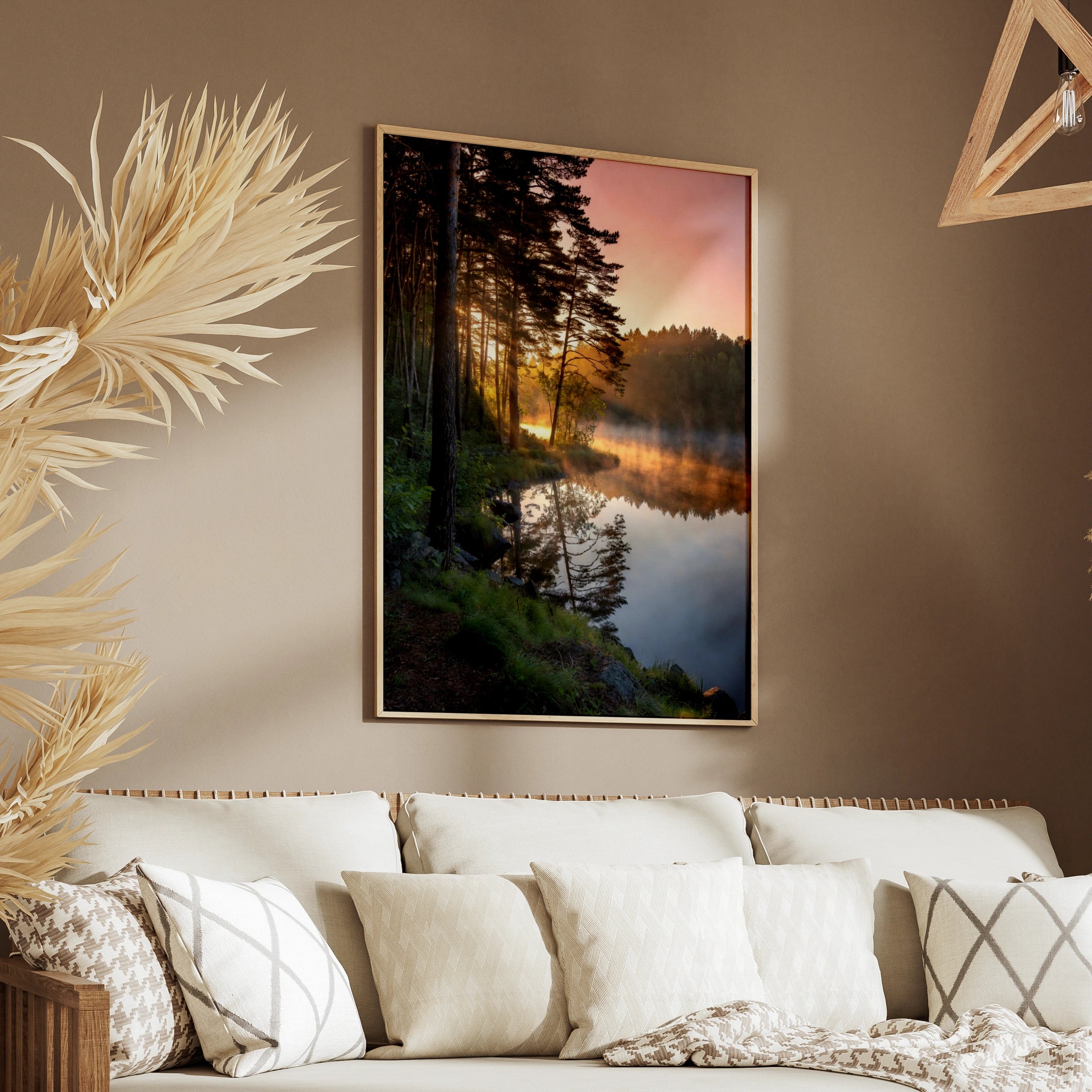 Lake Sunrise Forest Poster, Misty Pine Trees Wall Art, Nature Photography Print