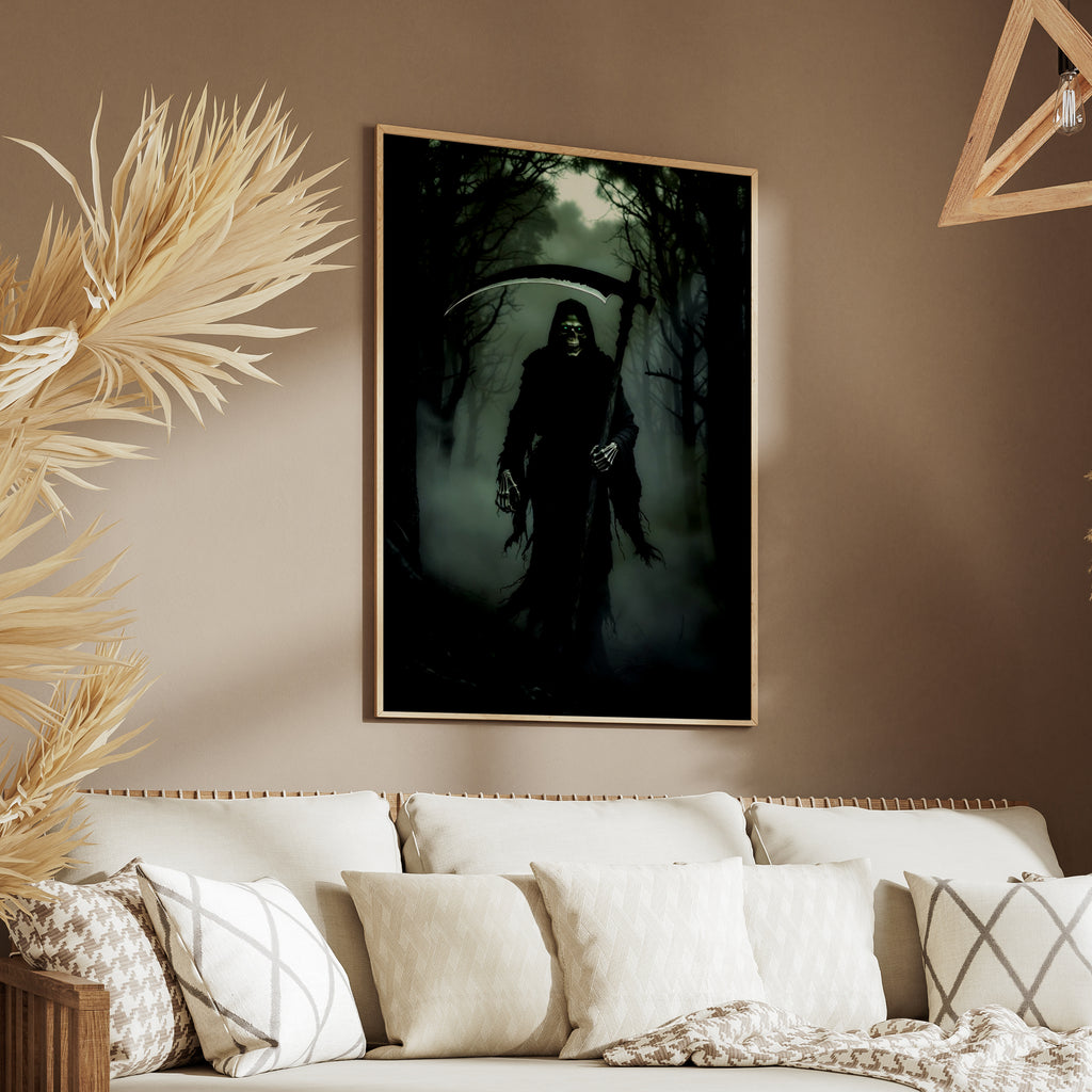 Grim Reaper Dark Forest Poster, Skull Scythe Horror Wall Art, Gothic Halloween Decor Print