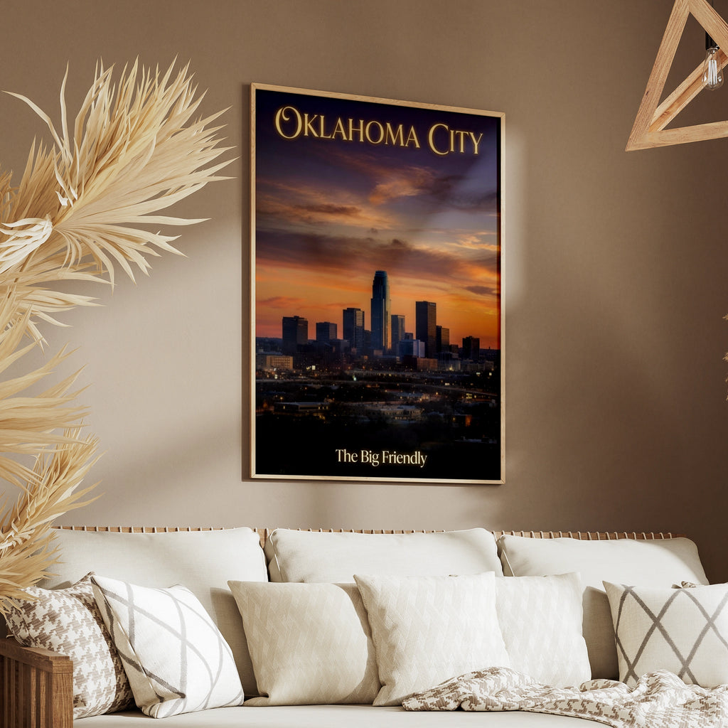 Oklahoma City Skyline Poster, OKC Sunset Wall Art, The Big Friendly Print, Downtown Gift