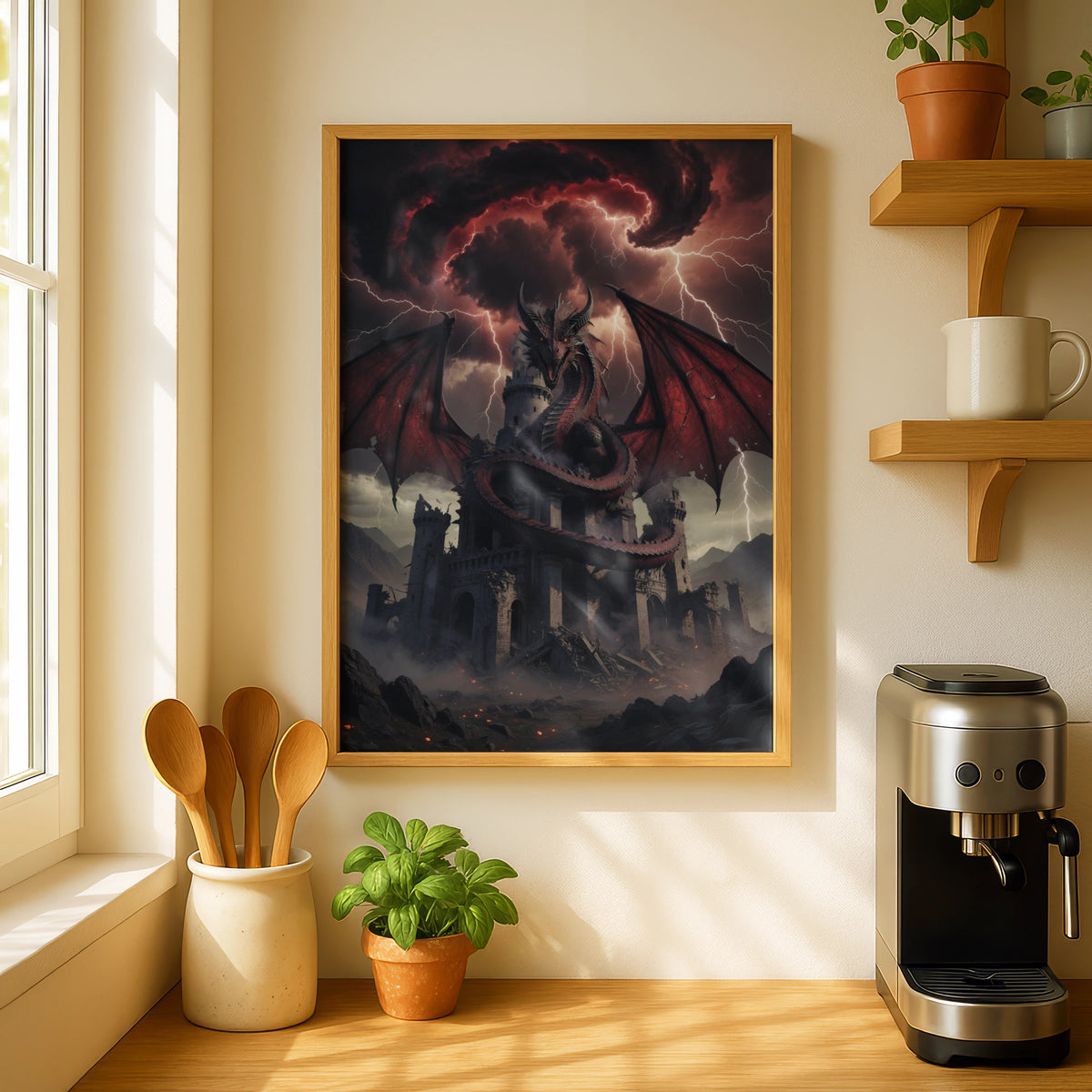 Red Dragon Castle Poster, Dark Fantasy Wall Art, Gothic Storm Lightning Print