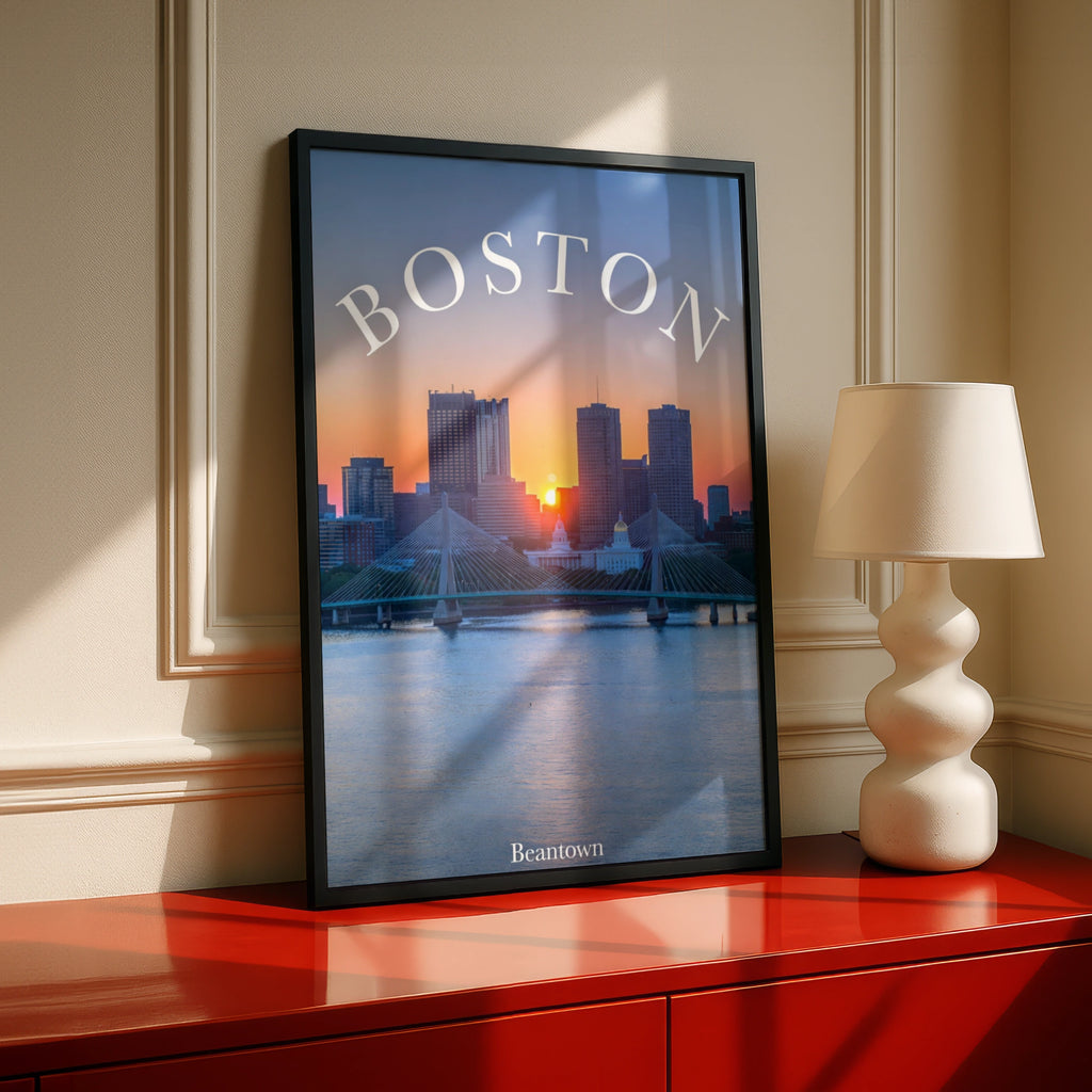 Boston Skyline Sunset Poster, Beantown Wall Art, Massachusetts City Print, Bridge