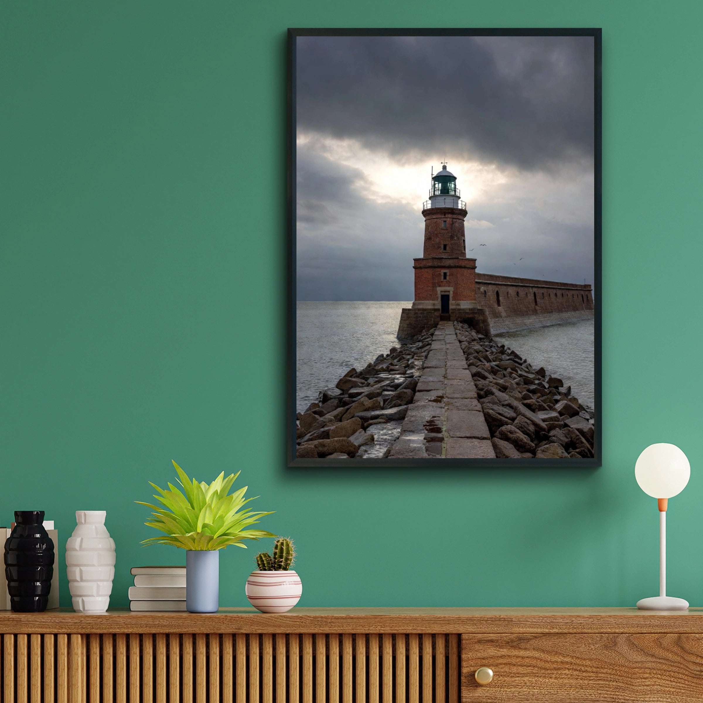 Lighthouse Poster, Stormy Sea Wall Art, Dramatic Sky Coastal Print, Nautical Decor