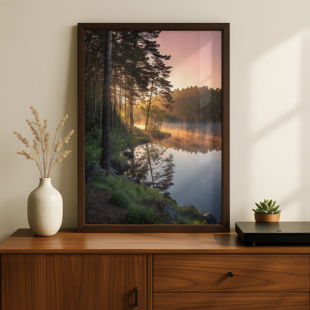 Lake Sunrise Forest Poster, Misty Pine Trees Wall Art, Nature Photography Print