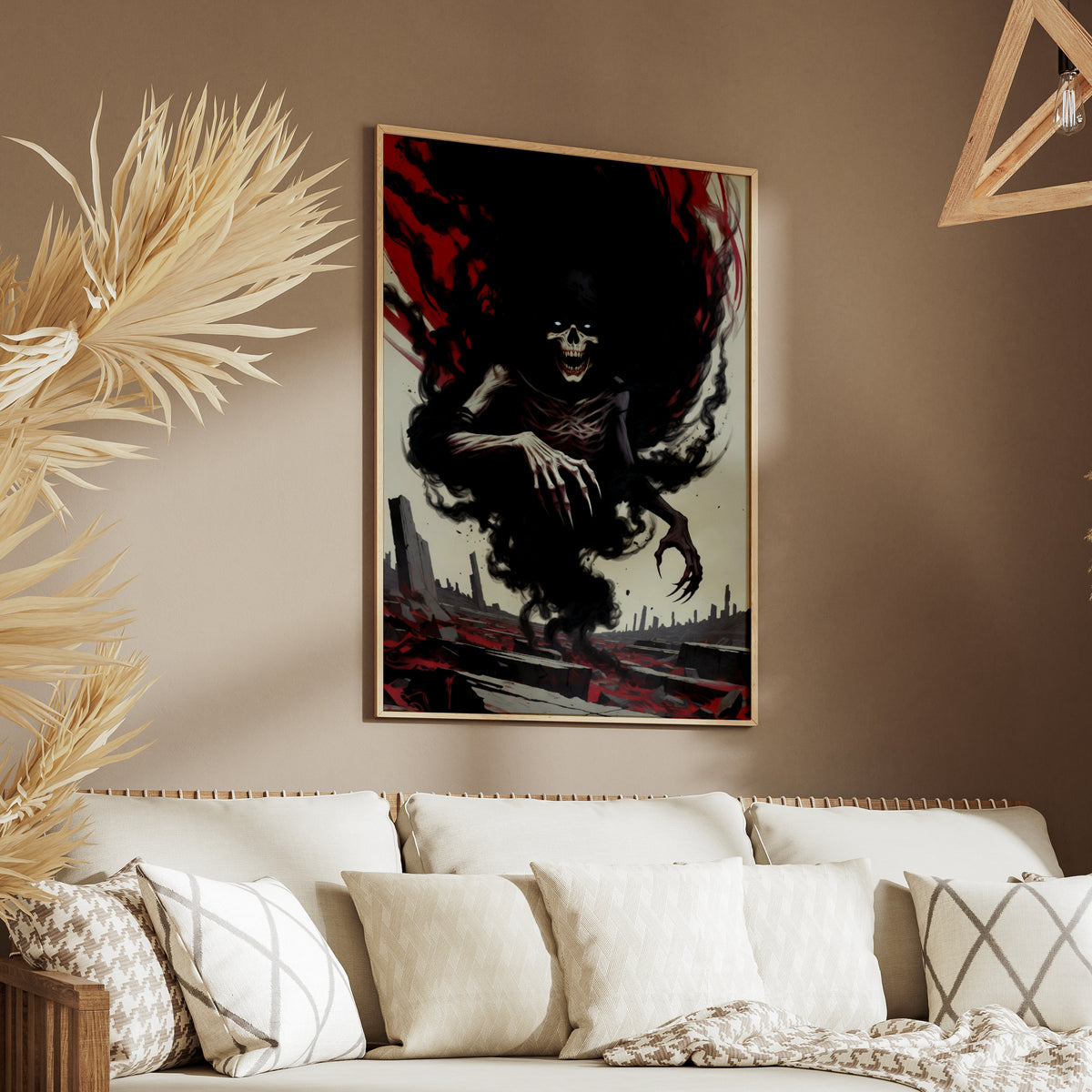 Grim Reaper Dark Art Poster, Skull Smoke Horror Wall Art, Gothic Fantasy Print, Red Black Decor