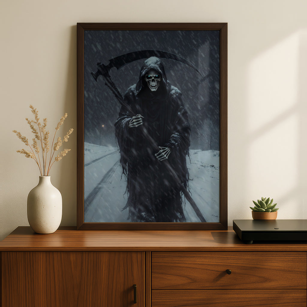 Grim Reaper Winter Snowstorm Poster, Dark Fantasy Wall Art, Skull Scythe Gothic Print