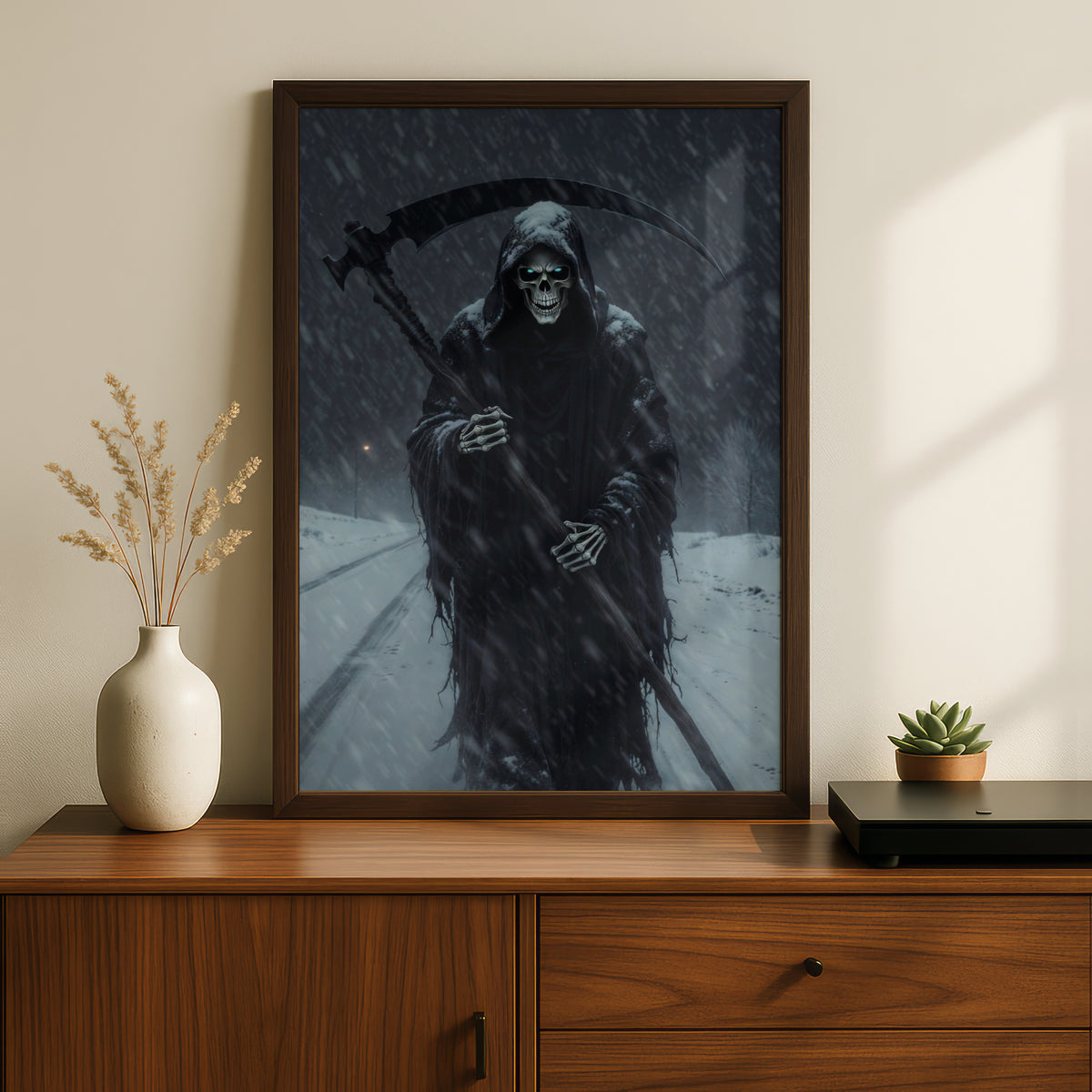 Grim Reaper Winter Snowstorm Poster, Dark Fantasy Wall Art, Skull Scythe Gothic Print