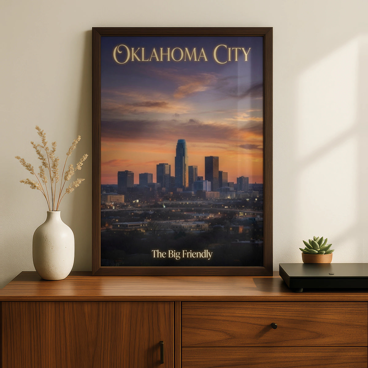 Oklahoma City Skyline Poster, OKC Sunset Wall Art, The Big Friendly Print, Downtown Gift