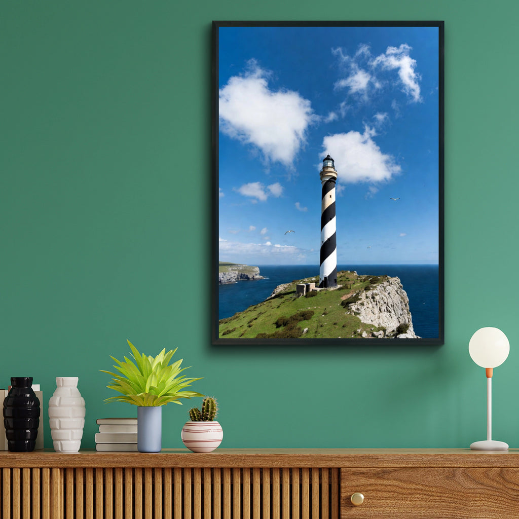 Lighthouse Poster, Black White Spiral Tower Coastal Wall Art, Seaside Cliffs Print
