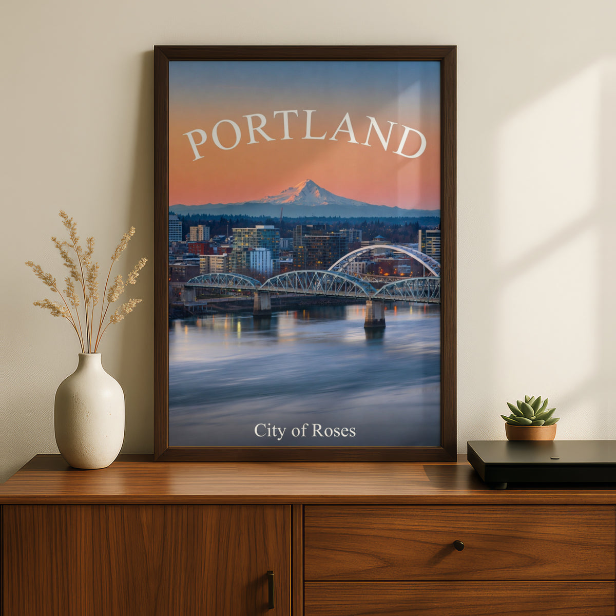 Portland Oregon Poster, City of Roses Skyline Print, Willamette River Sunset Wall Art