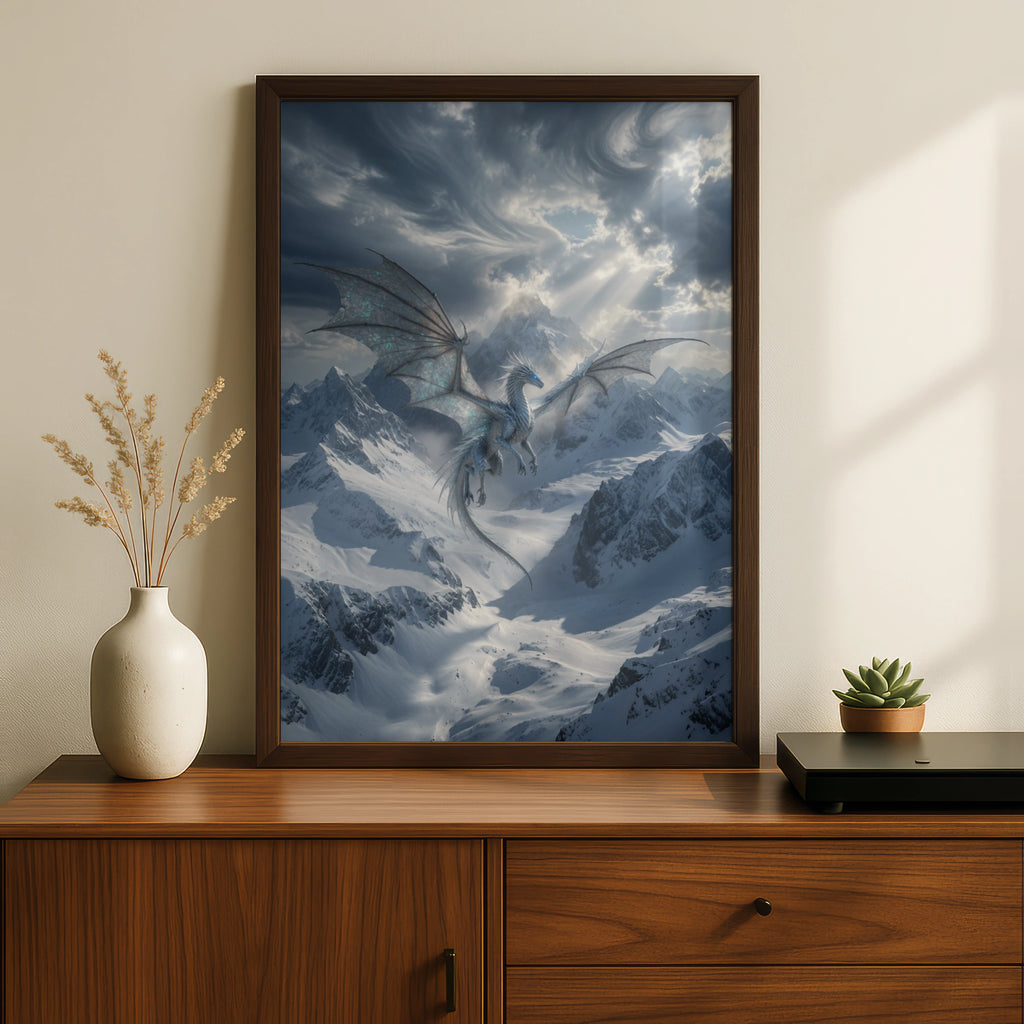 Ice Dragon Flying Over Snowy Mountains Poster, Fantasy Wall Art, Blue Dragon Print
