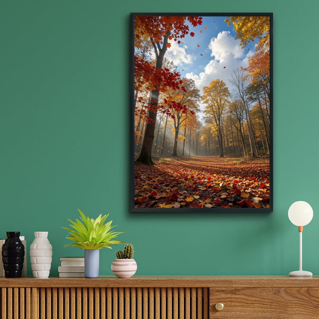 Fall Forest Path Poster, Autumn Foliage Wall Art, Red Orange Leaves Nature Print, Woodland Decor