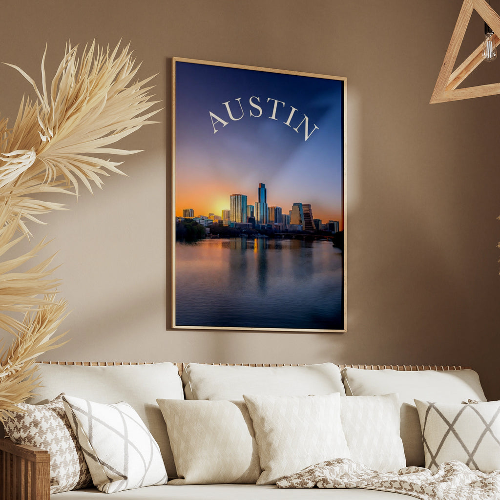 Austin Texas Skyline Poster, City Wall Art, Sunset Lake Reflection Print, Texas Gift