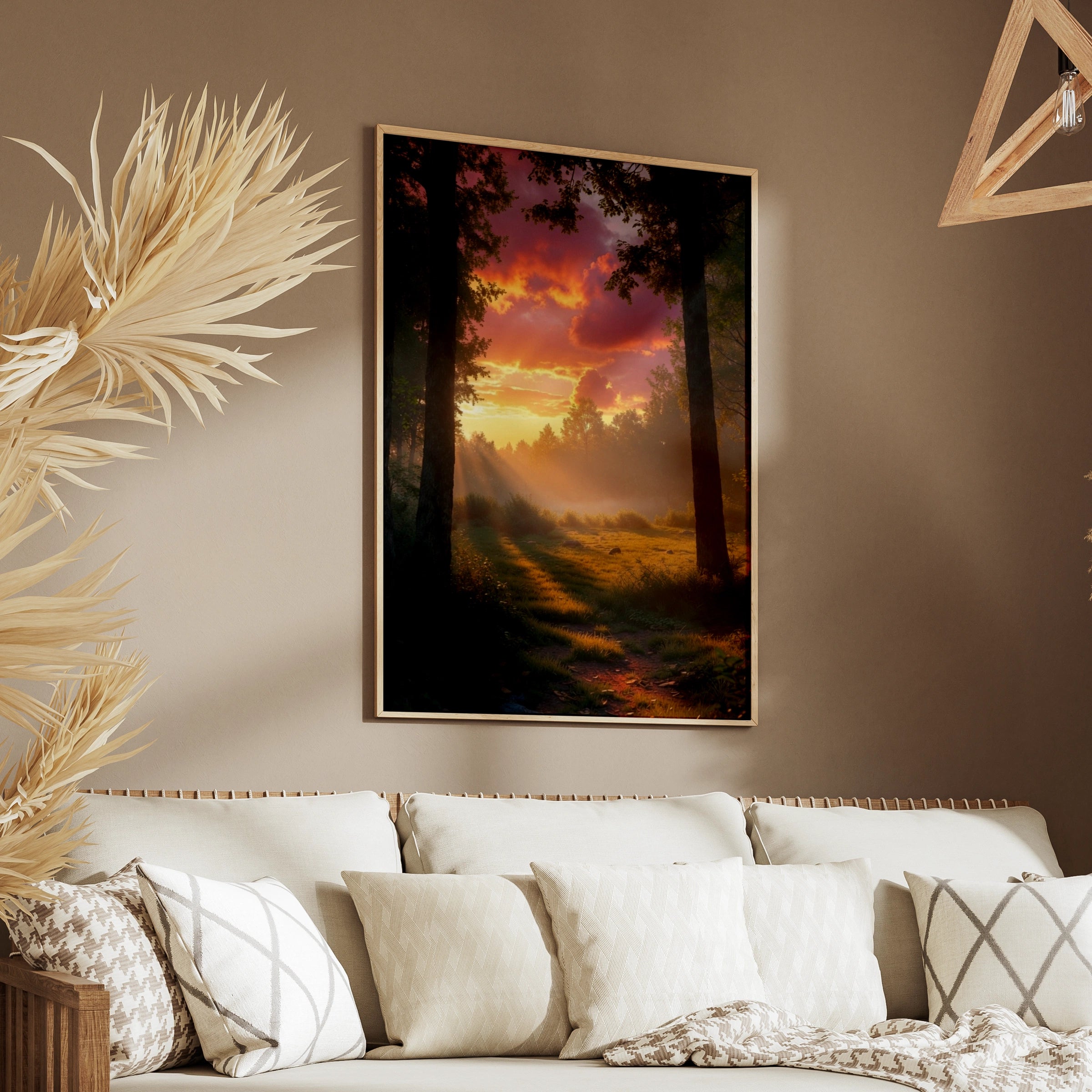 Sunset Forest Poster, Woodland Nature Wall Art, Misty Woods Print, Pink Sky Landscape