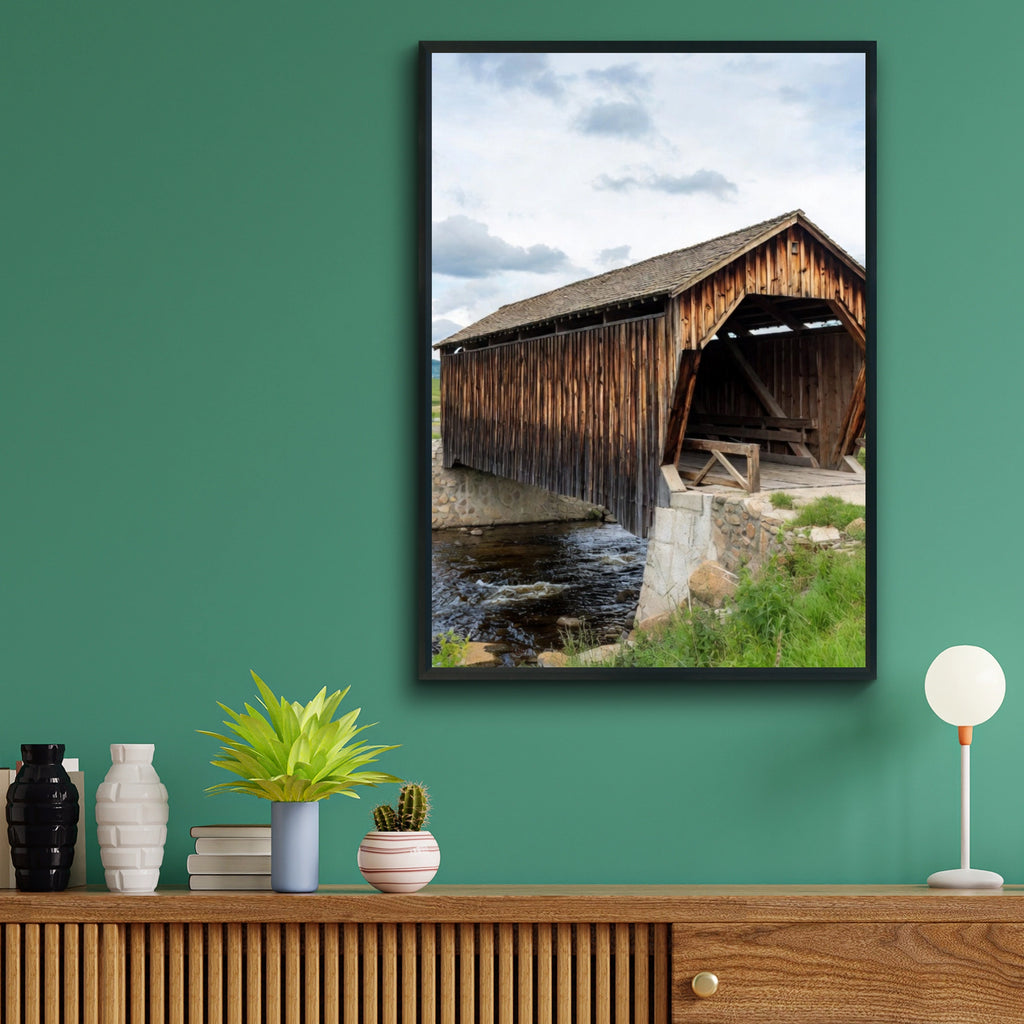 Covered Bridge Poster, Rustic Wooden Bridge Wall Art, Country Landscape Print, Rural Farmhouse Decor