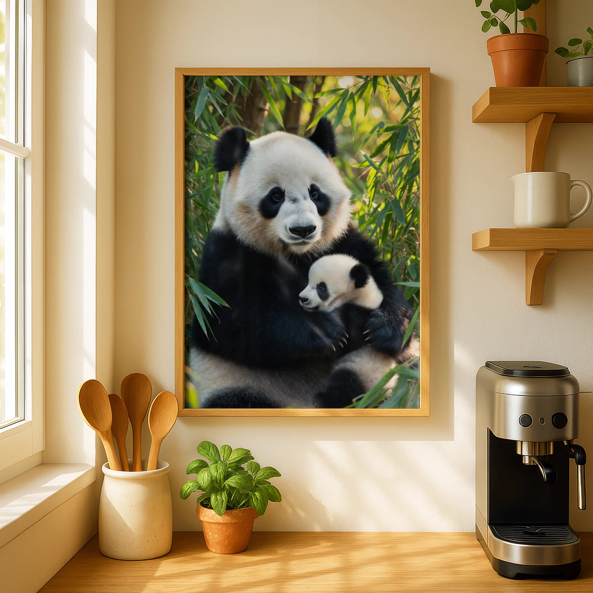 Giant Panda Mother and Baby Poster, Cute Panda Cub Wall Art, Bamboo Wildlife Print