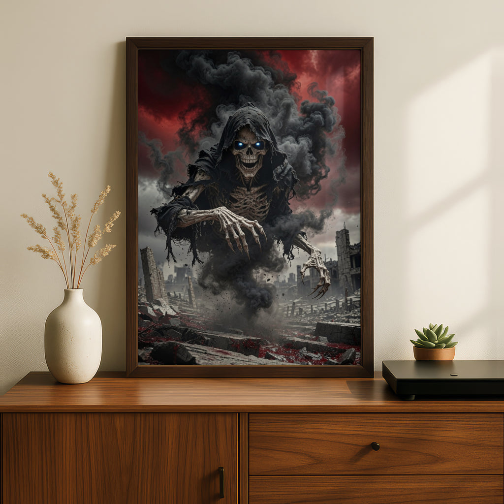 Grim Reaper Poster, Dark Skeleton Wall Art, Gothic Horror Print, Red Sky Apocalypse Decor