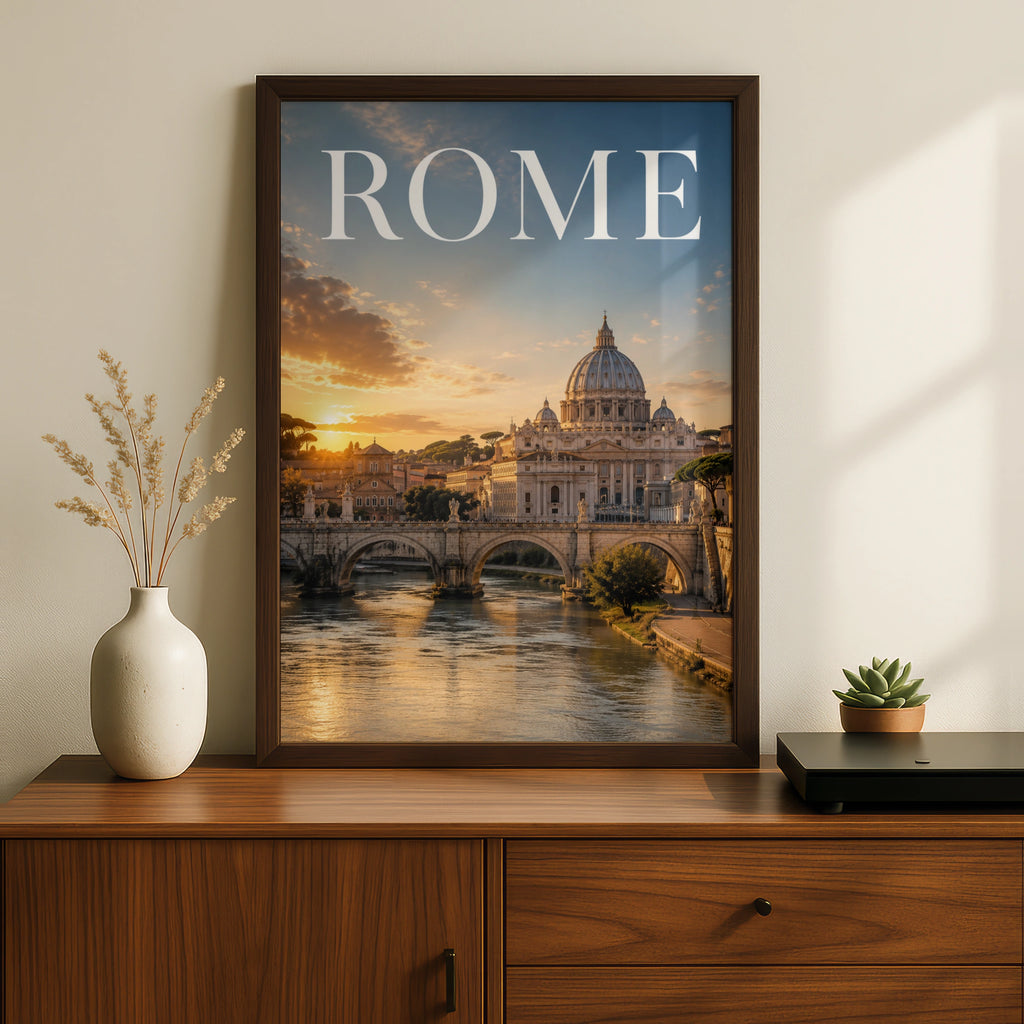 Rome Italy Poster, St Peter's Basilica Sunset Wall Art, Tiber River Travel Print