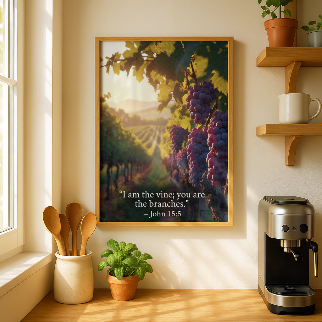 John 15:5 Bible Verse Poster, I Am the Vine Vineyard Scripture Wall Art Print