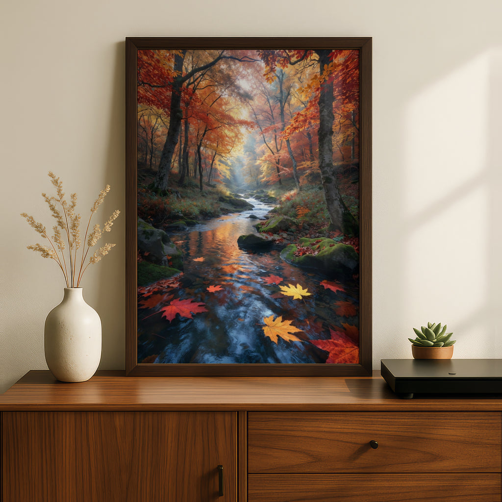 Fall Forest Stream Poster, Autumn Leaves Nature Wall Art, Misty Woodland River Print, Red Orange
