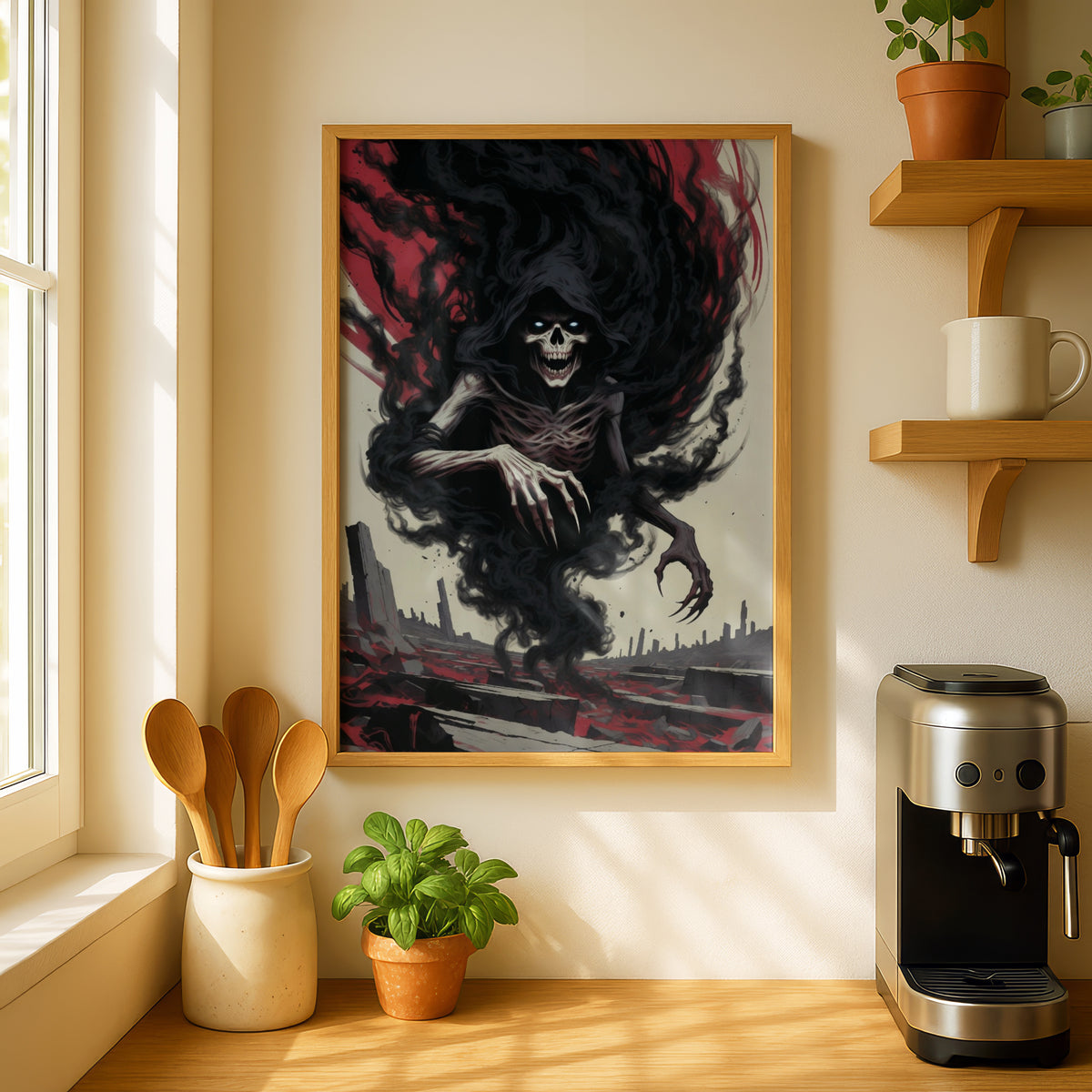 Grim Reaper Dark Art Poster, Skull Smoke Horror Wall Art, Gothic Fantasy Print, Red Black Decor