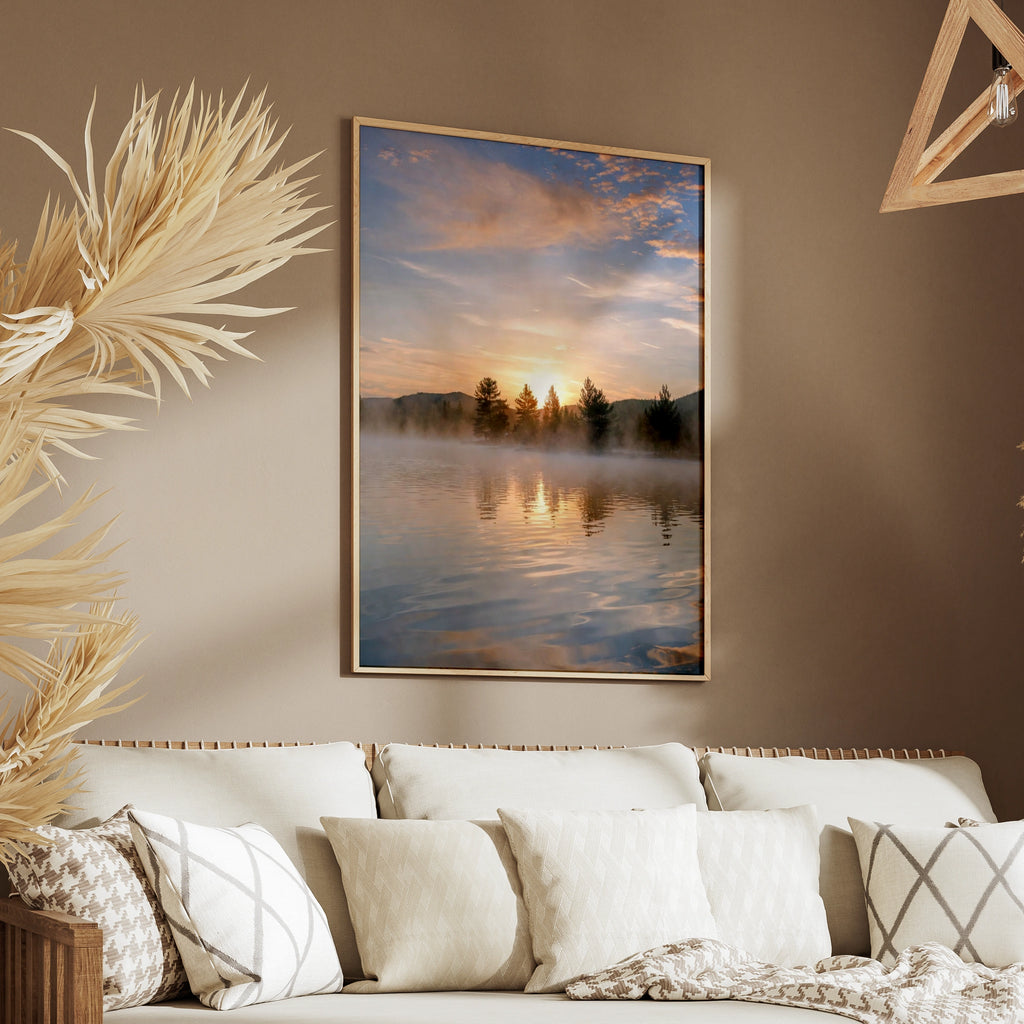 Misty Lake Sunrise Poster, Mountain Forest Wall Art, Nature Photography Print