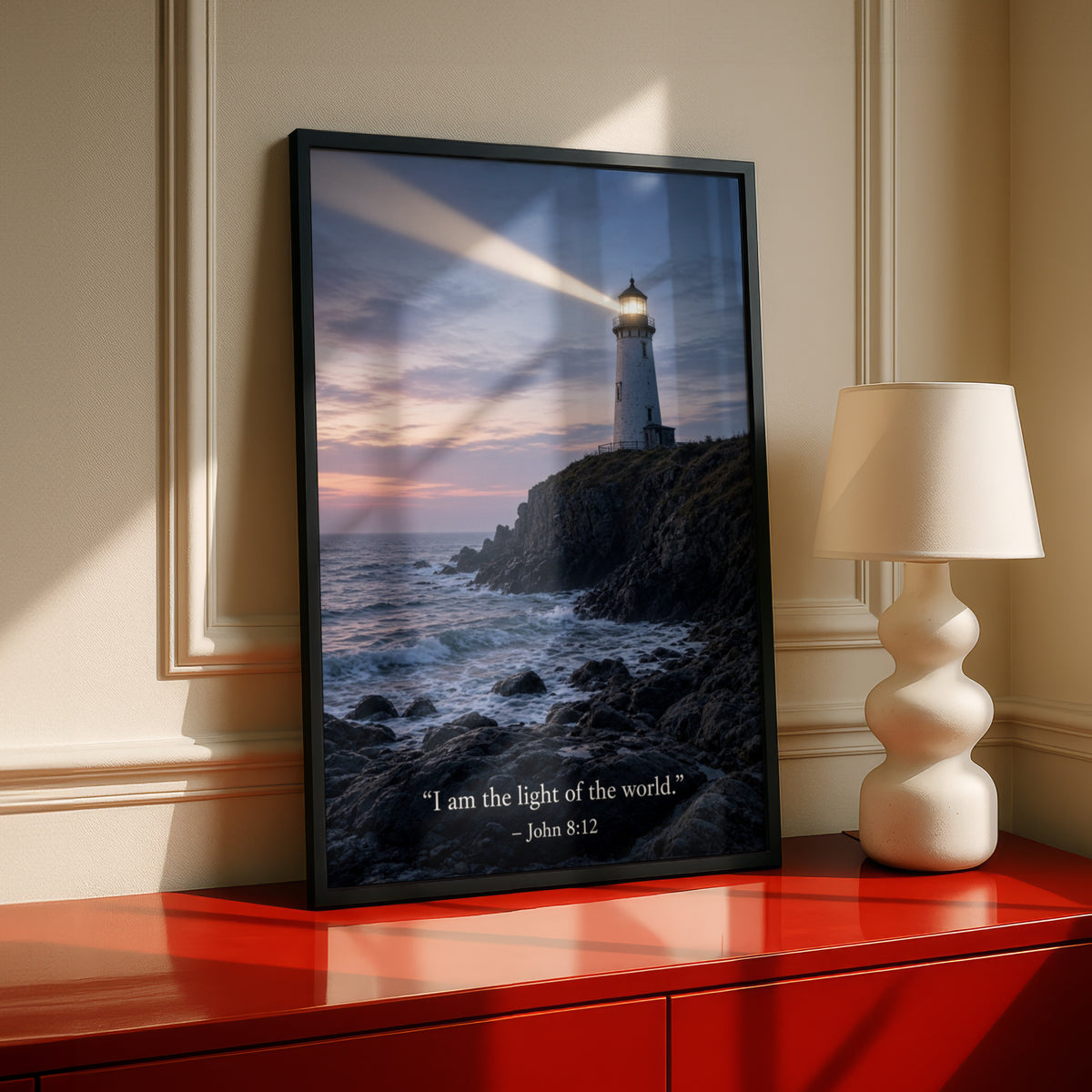 John 8:12 Lighthouse Scripture Poster, Christian Wall Art, Bible Verse Print, Faith