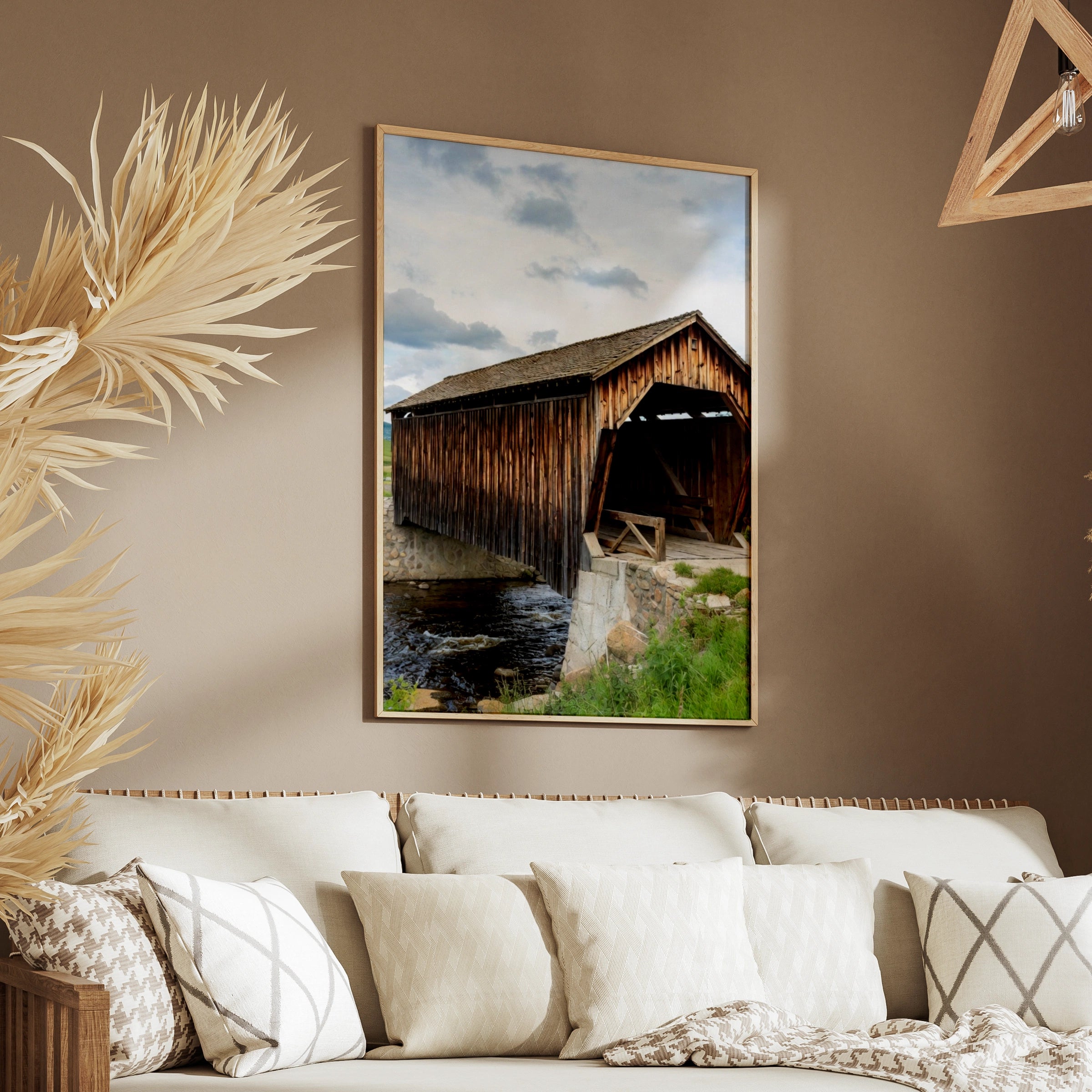 Covered Bridge Poster, Rustic Wooden Bridge Wall Art, Country Landscape Print, Rural Farmhouse Decor