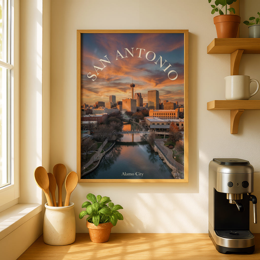 San Antonio Skyline Poster, Alamo City Texas Wall Art, River Walk Sunset Print, TX Gift