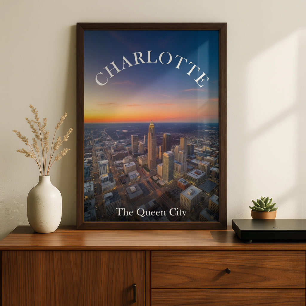 Charlotte North Carolina Skyline Poster, Queen City Aerial Sunset Wall Art Print
