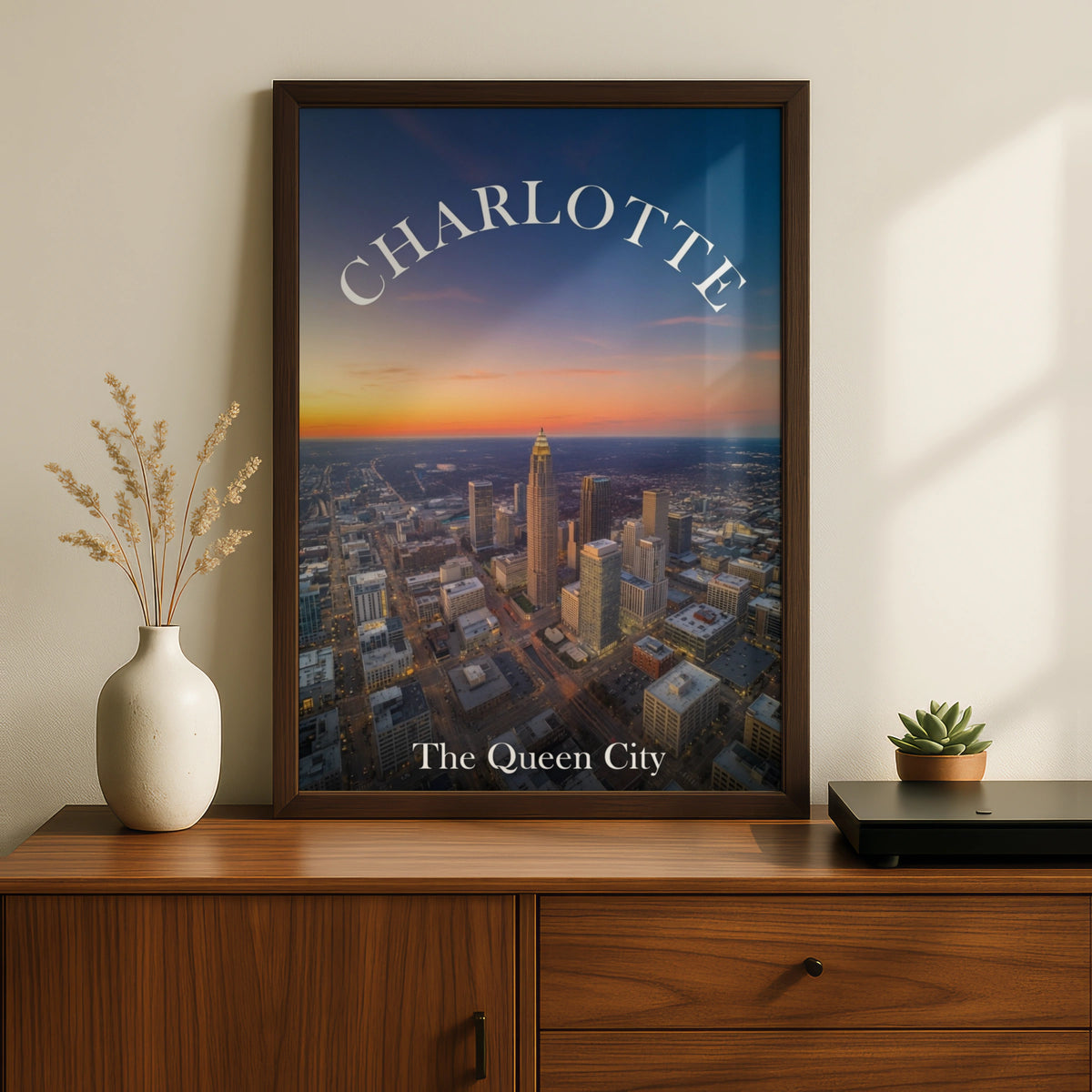 Charlotte North Carolina Skyline Poster, Queen City Aerial Sunset Wall Art Print