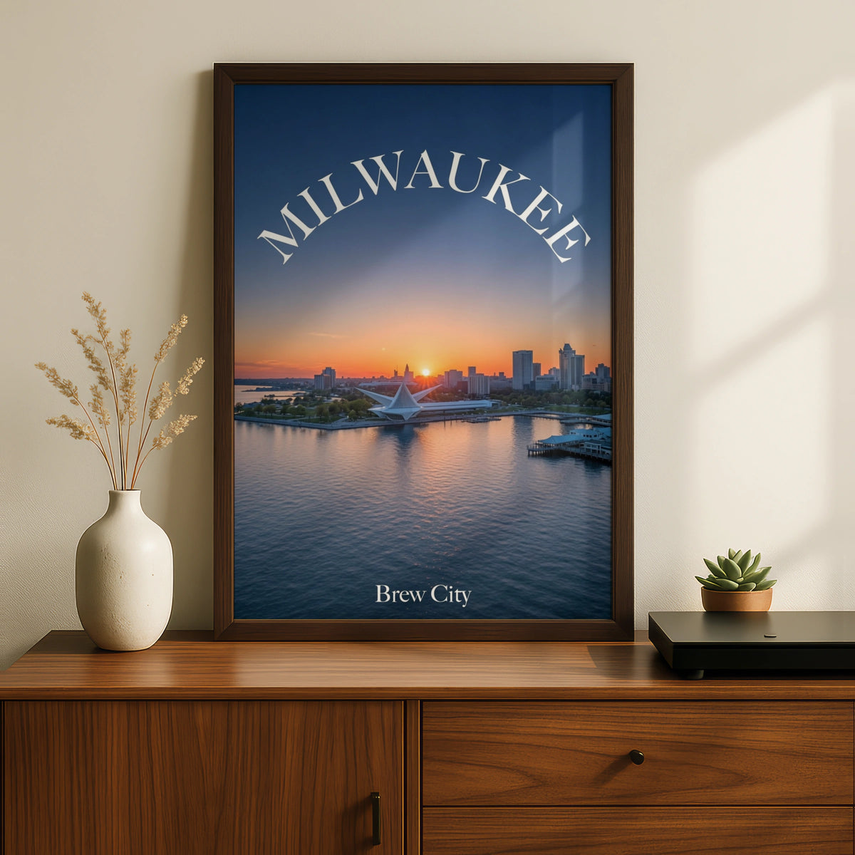 Milwaukee Poster, Brew City Skyline Sunset Wall Art, Lake Michigan Wisconsin Print