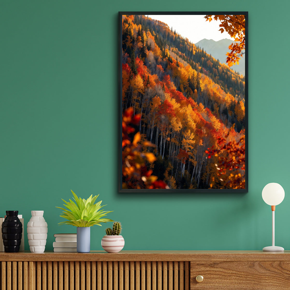 Fall Colors Mountain Forest Poster, Autumn Aspen Trees Wall Art, Red Orange Nature Print