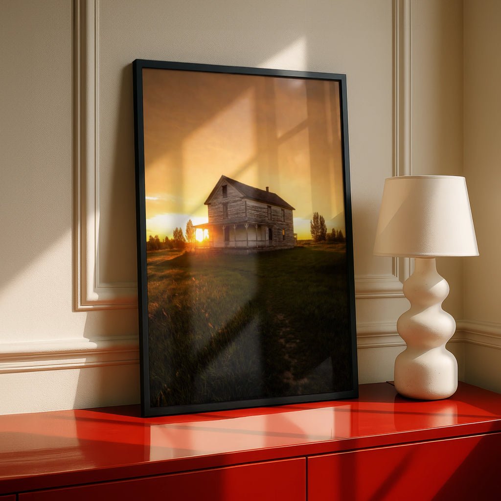 Old Farmhouse Sunset Poster, Rustic Country House Wall Art, Golden Sky Rural Print
