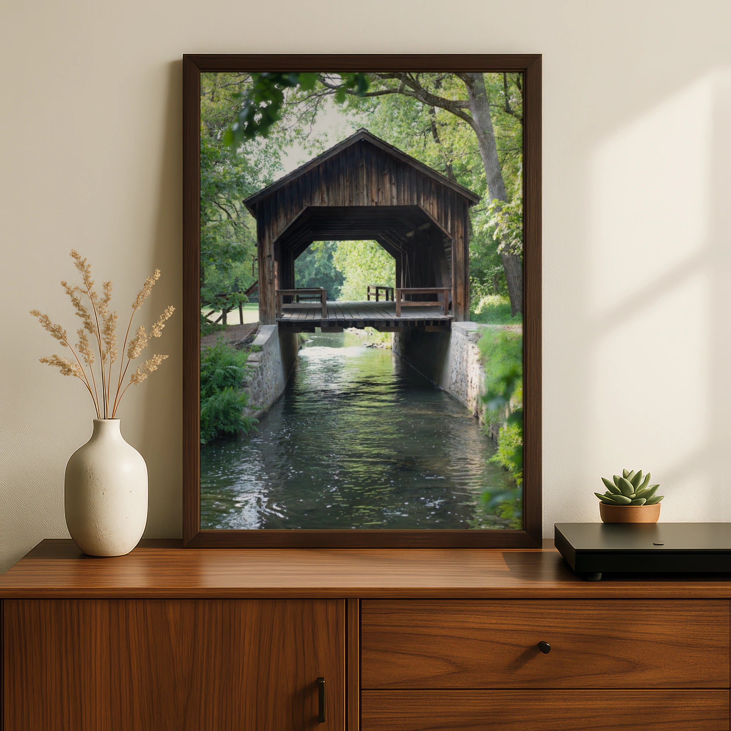 Covered Bridge Poster, Rustic Wooden Bridge Print, Country River Wall Art, Nature Landscape Decor