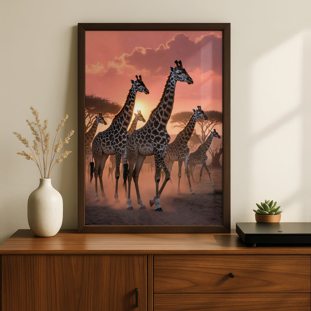 Giraffe Herd Sunset Poster, African Safari Wall Art, Savanna Wildlife Print, Pink Sky Decor