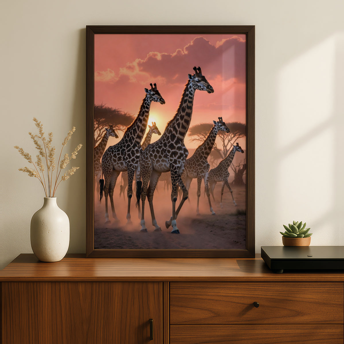 Giraffe Herd Sunset Poster, African Safari Wall Art, Savanna Wildlife Print, Pink Sky Decor