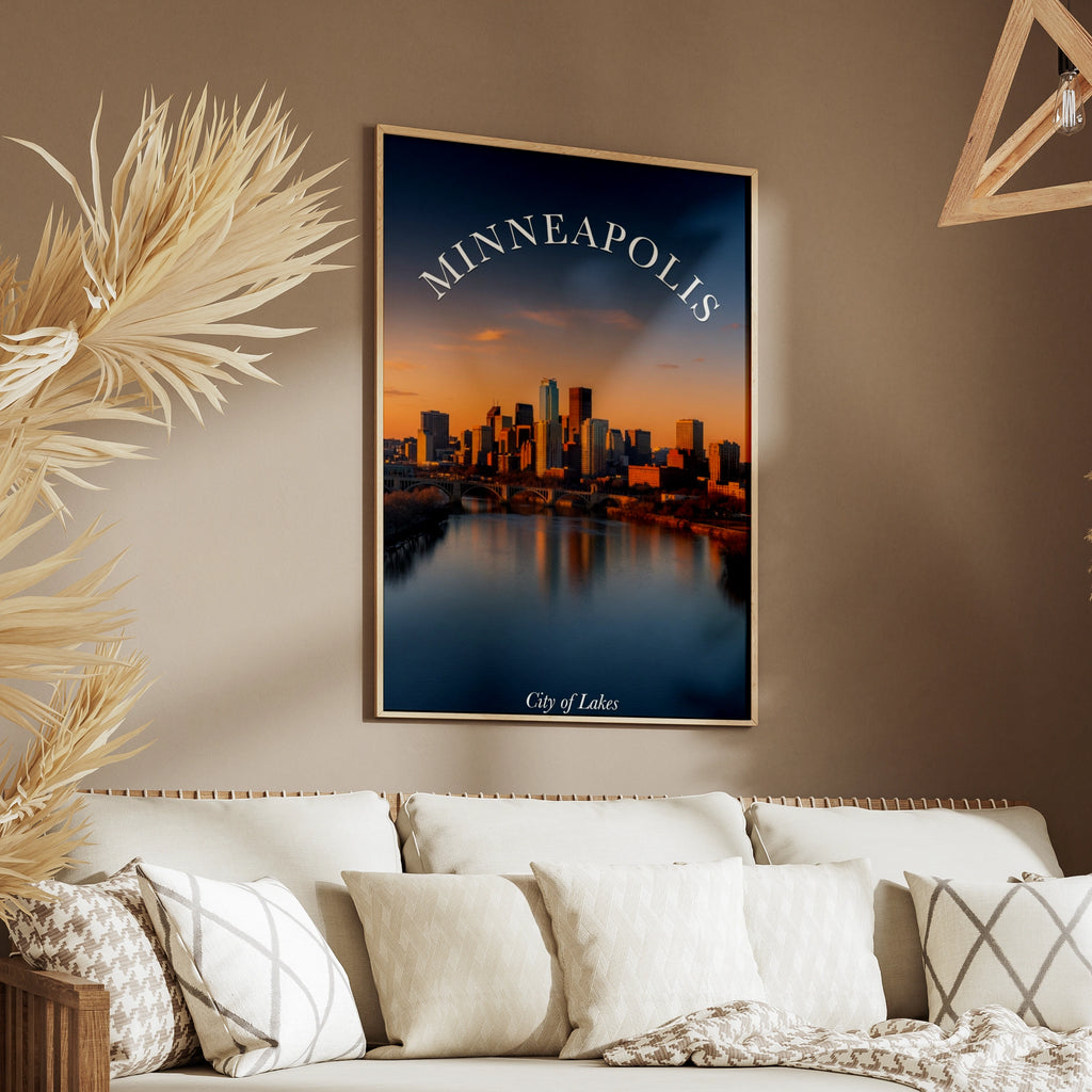 Minneapolis Skyline Poster, City of Lakes Wall Art, Minnesota Travel Print, Sunset Cityscape