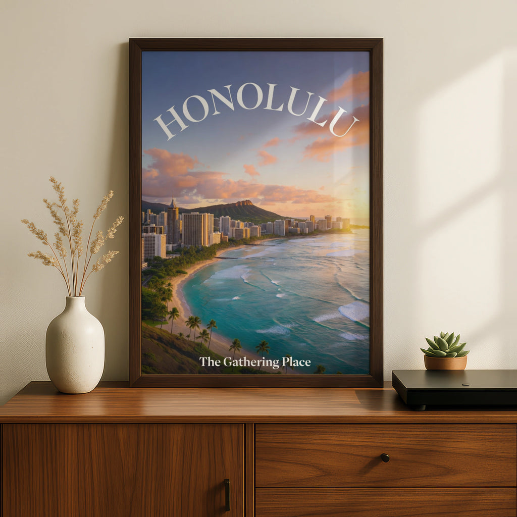 Honolulu Hawaii Travel Poster, Waikiki Beach Wall Art, Diamond Head Sunset Print