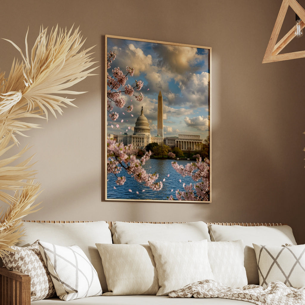 Washington DC Cherry Blossom Poster, Capitol Building Wall Art, Spring Tidal Basin Print