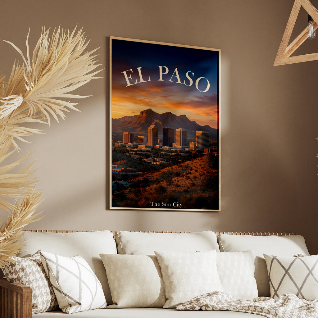 El Paso Texas Poster, Sun City Skyline Wall Art, Desert Sunset Mountain Print